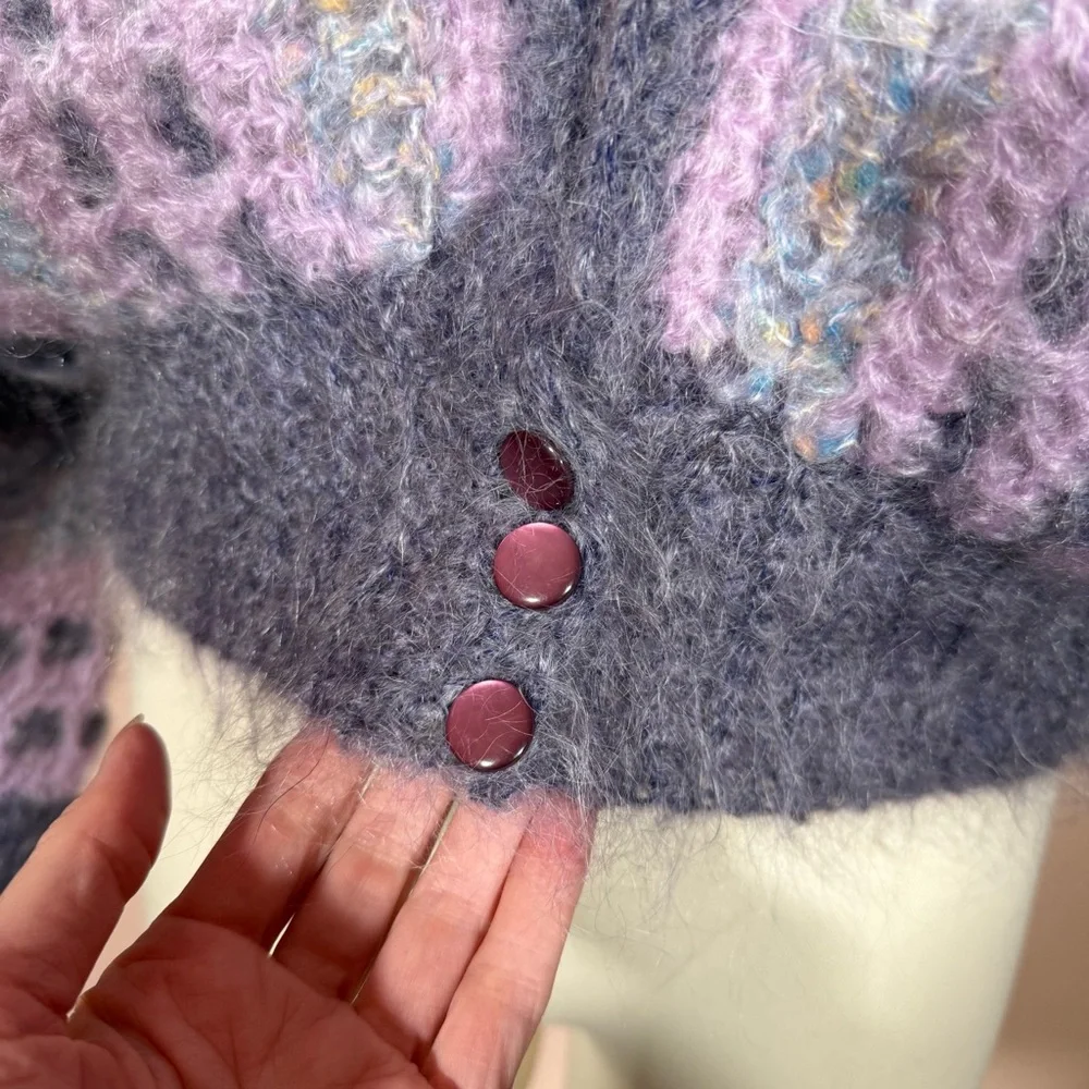 Mohair wool grandmacore Lavender Grey Crochet Ireland Cardigan Sweater - Picture 5 of 16